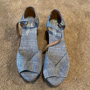 Toms brand platform wedges. Blue denim color. Size 7.5. Like new.